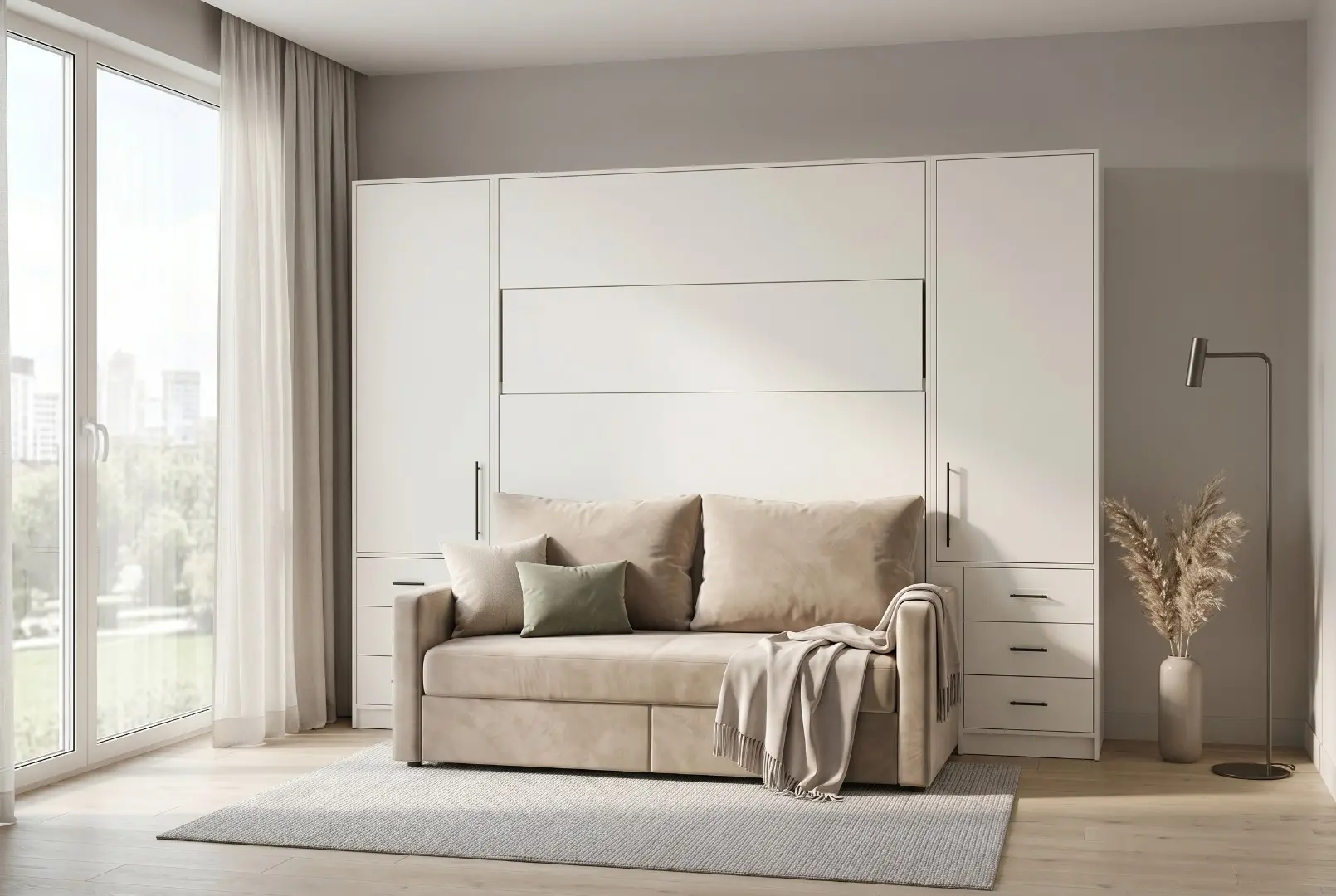 Шкаф-кровать трансформер Норд белая в сложенном виде с диваном
